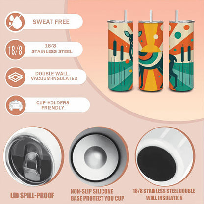 ColorFlow | Retro Sunrise Deer 20oz Stainless Steel Tumbler with Straw | Midcentury Art Mug | Insulated Travel Gift Cup