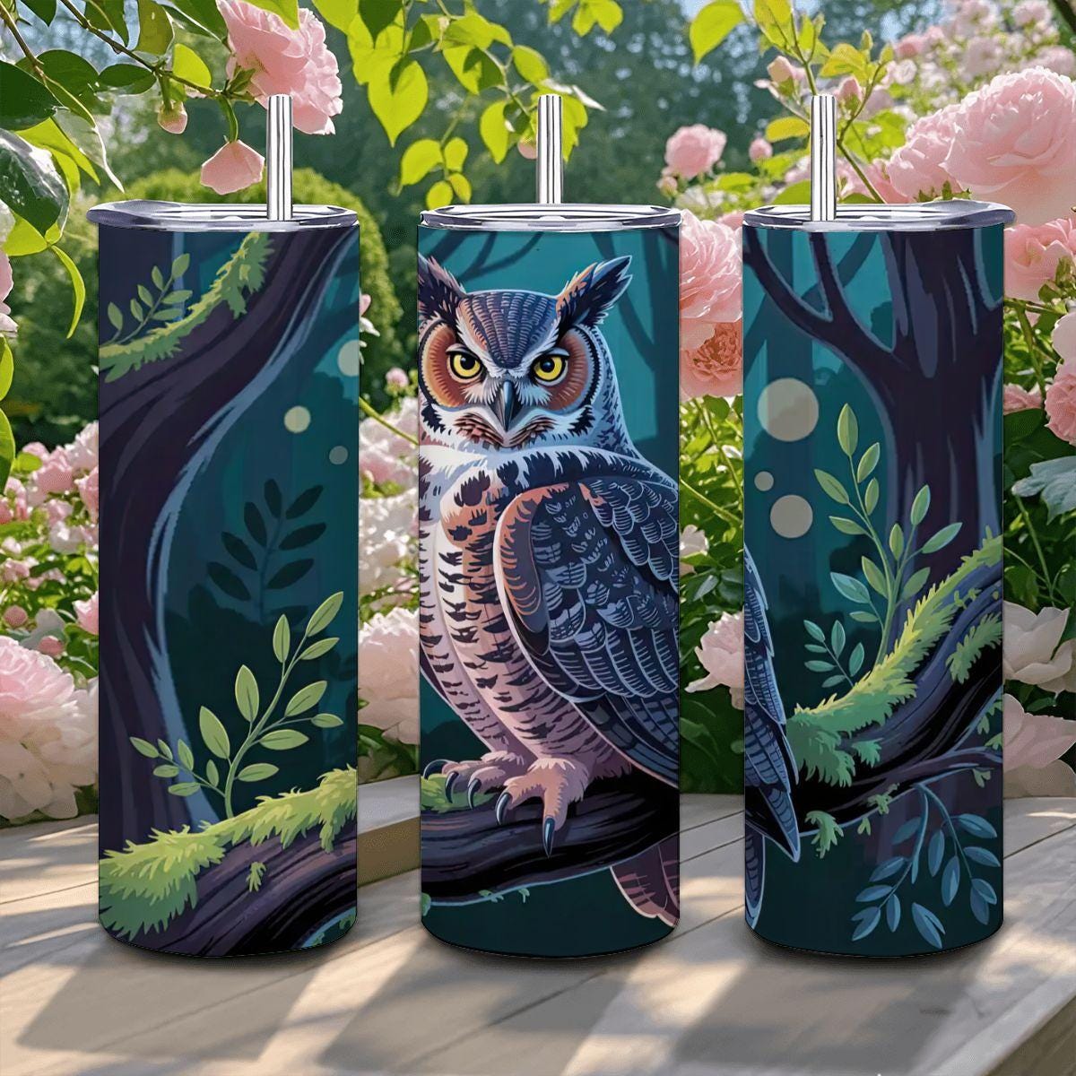ColorFlow | Moonlit Forest Owl 20oz Stainless Steel Tumbler with Straw | Wildlife Art Mug | Insulated Nature Gift Cup