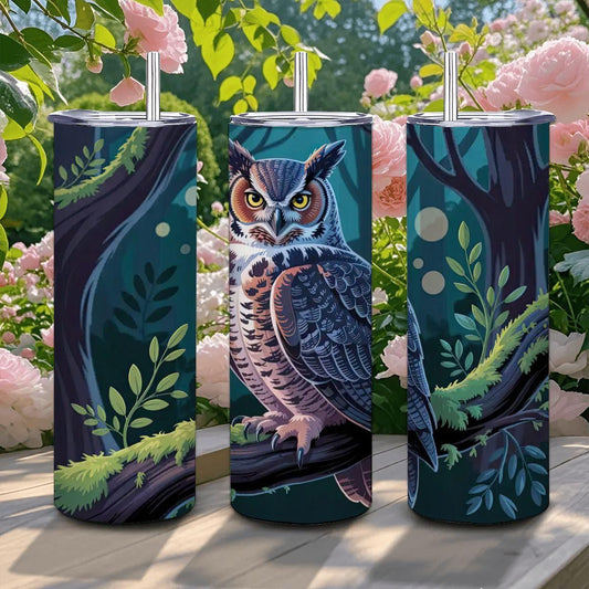ColorFlow | Moonlit Forest Owl 20oz Stainless Steel Tumbler with Straw | Wildlife Art Mug | Insulated Nature Gift Cup