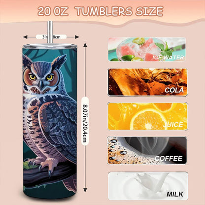 ColorFlow | Moonlit Forest Owl 20oz Stainless Steel Tumbler with Straw | Wildlife Art Mug | Insulated Nature Gift Cup
