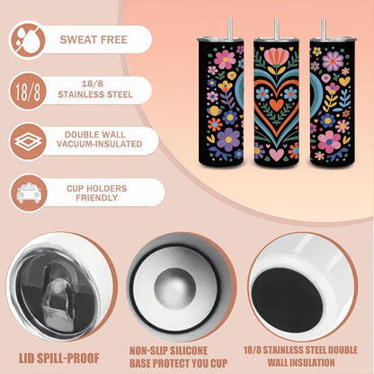ColorFlow | Folk Art Heart & Flowers 20oz Stainless Steel Tumbler with Straw | Colorful Floral Mug | Insulated Gift Cup