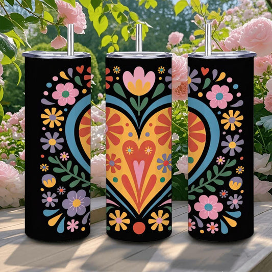 ColorFlow | Golden Heart Folk Floral 20oz Stainless Steel Tumbler with Straw | Art Mug | Insulated Colorful Gift Cup