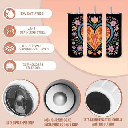 ColorFlow | Golden Heart Folk Floral 20oz Stainless Steel Tumbler with Straw | Art Mug | Insulated Colorful Gift Cup