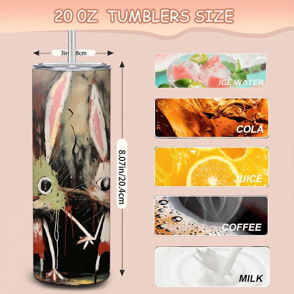 ColorFlow | Doodle Bunny Chaos Tumbler | Funny Bunny Art Cup | 20oz Stainless Steel Travel Mug with Straw | Gift Idea