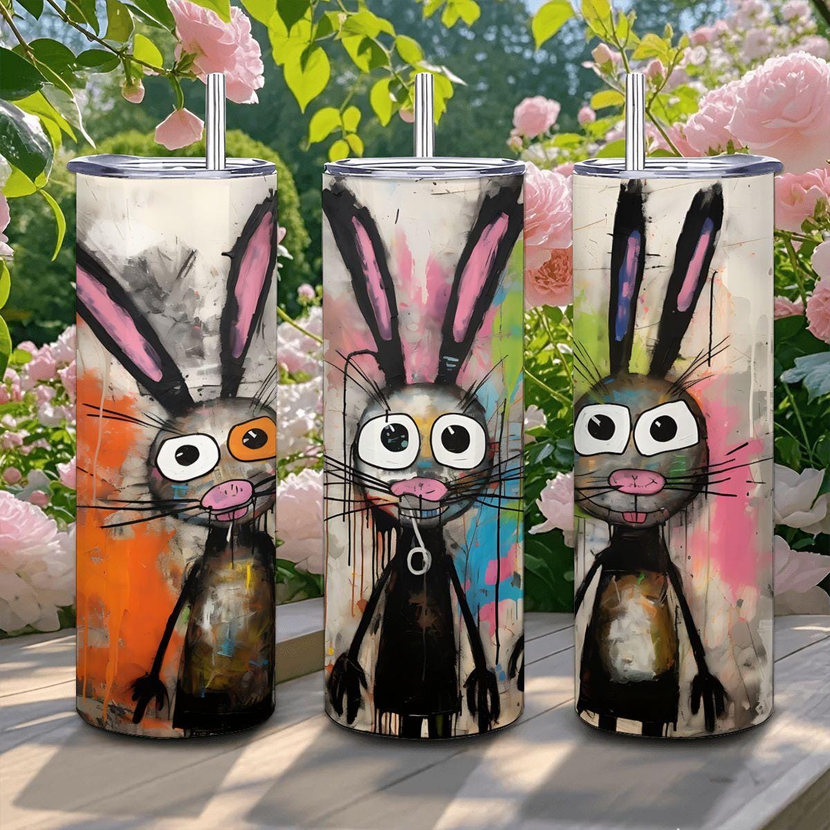 ColorFlow | Three Funky Bunny Tumbler | Abstract Rabbit Art Cup | 20oz Stainless Steel Travel Mug with Straw | Gift for Artists