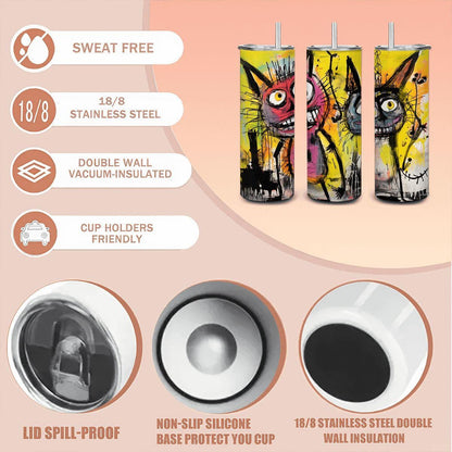 ColorFlow | Doodle Cats Tumbler | Abstract Cat Art Cup | 20oz Stainless Steel Travel Mug with Straw | Gift for Cat Lovers