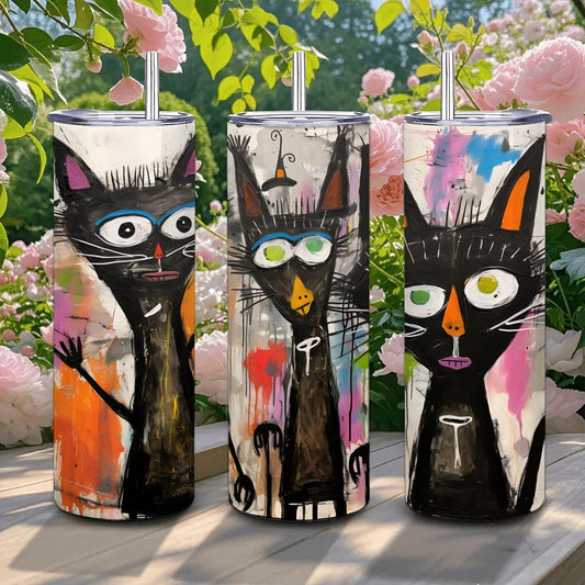 ColorFlow | Black Cat Trio Tumbler | Abstract Cat Art Cup | 20oz Stainless Steel Travel Mug with Straw | Halloween Cat Gift