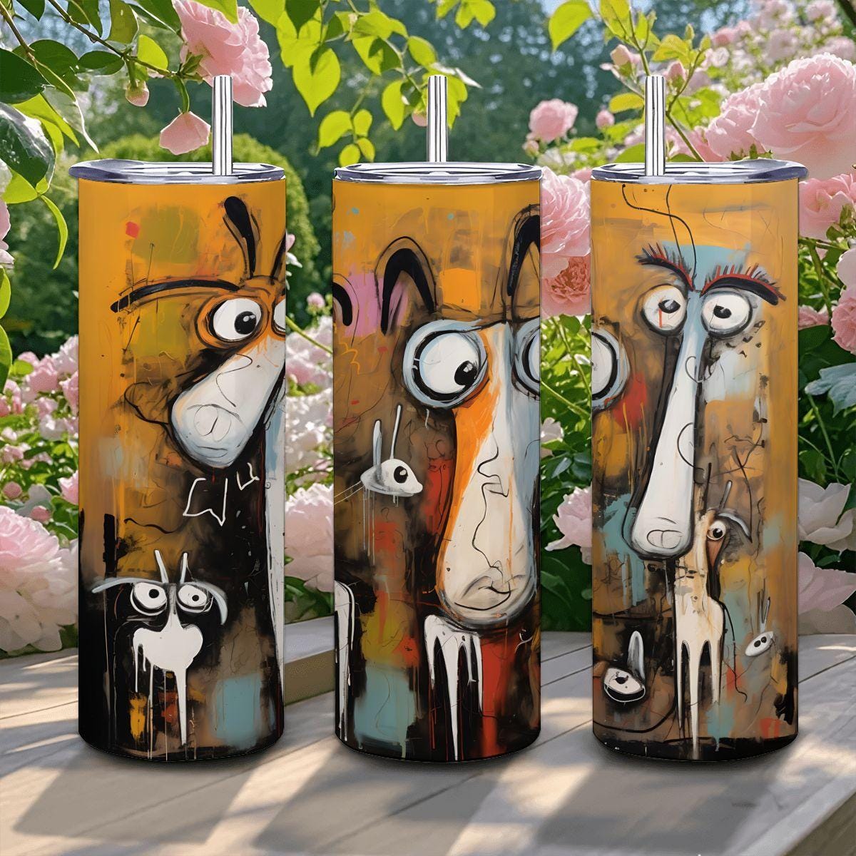 ColorFlow | Crazy Dog Squad Tumbler | Abstract Dog Art Cup | 20oz Stainless Steel Travel Mug with Straw | Funny Pet Lover Gift