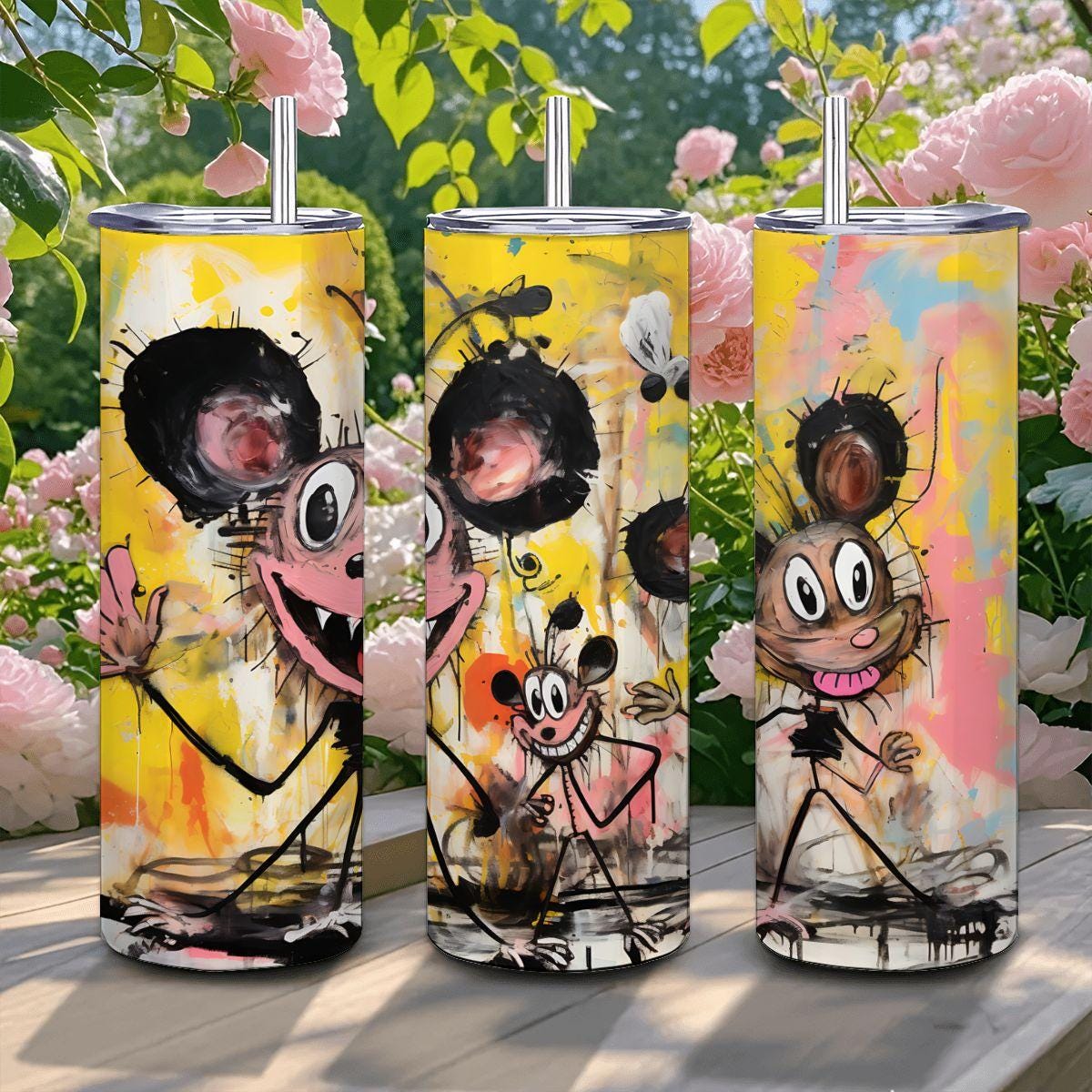 ColorFlow | Playful Doodle Mouse Trio Tumbler | 20oz Stainless Steel Travel Cup | Funny Cartoon Art Mug | Cute Gift for Coffee Lovers