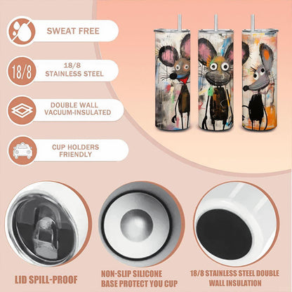 ColorFlow | Doodle Mouse Friends Art Tumbler | 20oz Stainless Steel Travel Cup | Funny Cartoon Animal Mug | Artistic Gift Idea