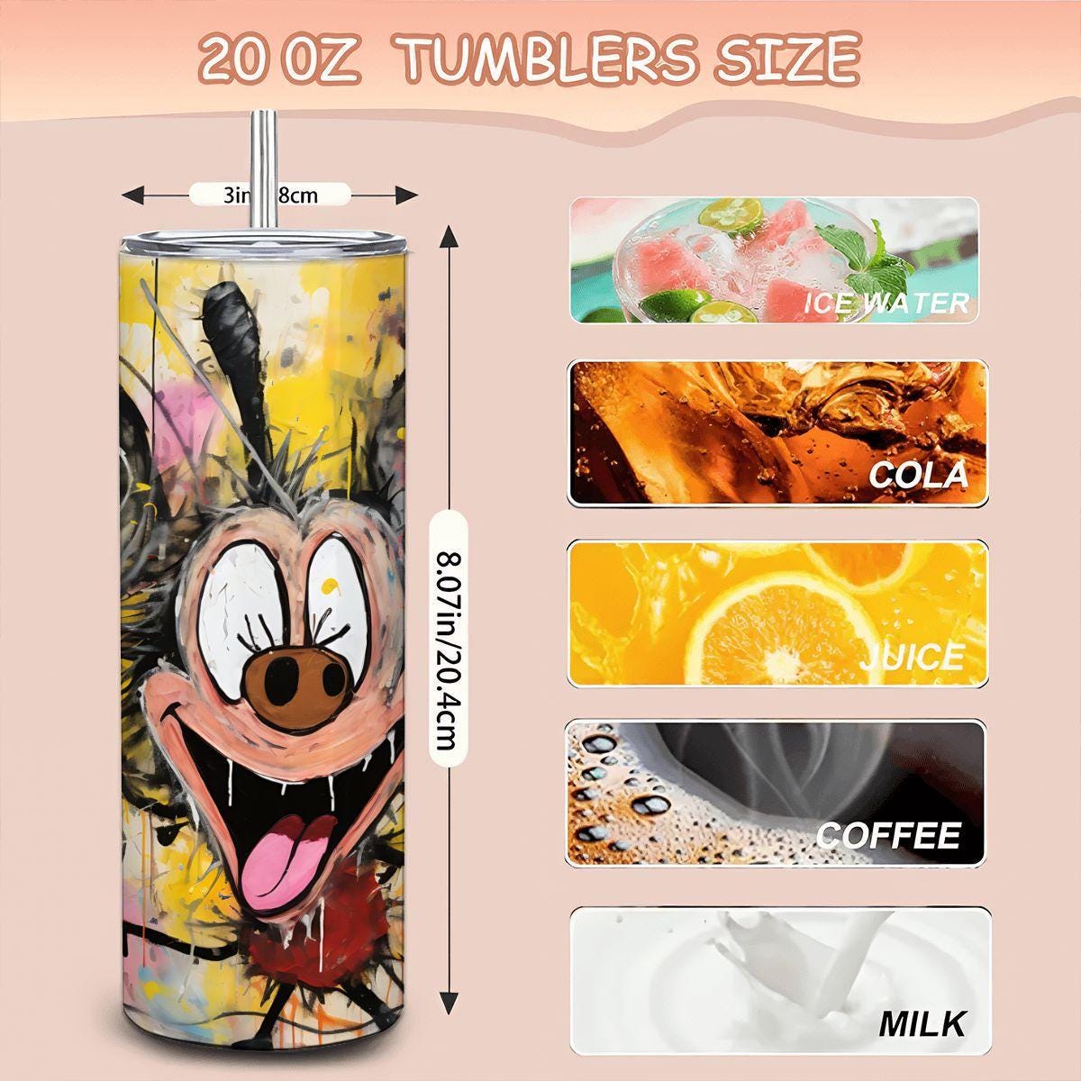 ColorFlow | Happy Doodle Mouse Art Tumbler | 20oz Stainless Steel Travel Cup | Funny Cartoon Coffee Mug | Whimsical Gift Idea