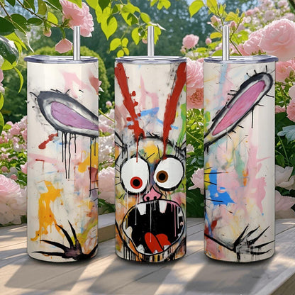 ColorFlow | Crazy Doodle Rabbit Art Tumbler | 20oz Stainless Steel Travel Cup | Funny Bunny Coffee Mug | Abstract Art Gift