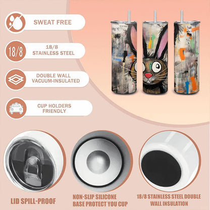 ColorFlow | Playful Doodle Rabbit Art Tumbler | 20oz Stainless Steel Travel Cup | Funny Bunny Coffee Mug | Creative Art Gift