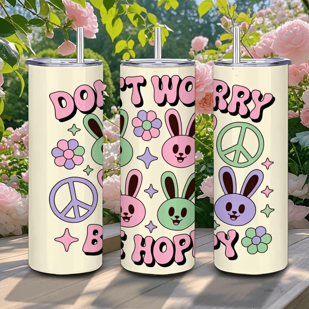 ColorFlow | Dont Worry Be Hoppy Tumbler | Cute Bunny 20oz Stainless Steel Cup with Straw | Easter Gift | Retro Peace Art