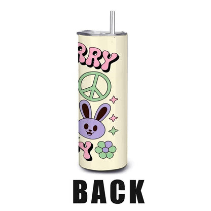 ColorFlow | Dont Worry Be Hoppy Tumbler | Cute Bunny 20oz Stainless Steel Cup with Straw | Easter Gift | Retro Peace Art