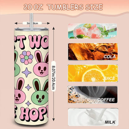 ColorFlow | Dont Worry Be Hoppy Tumbler | Cute Bunny 20oz Stainless Steel Cup with Straw | Easter Gift | Retro Peace Art