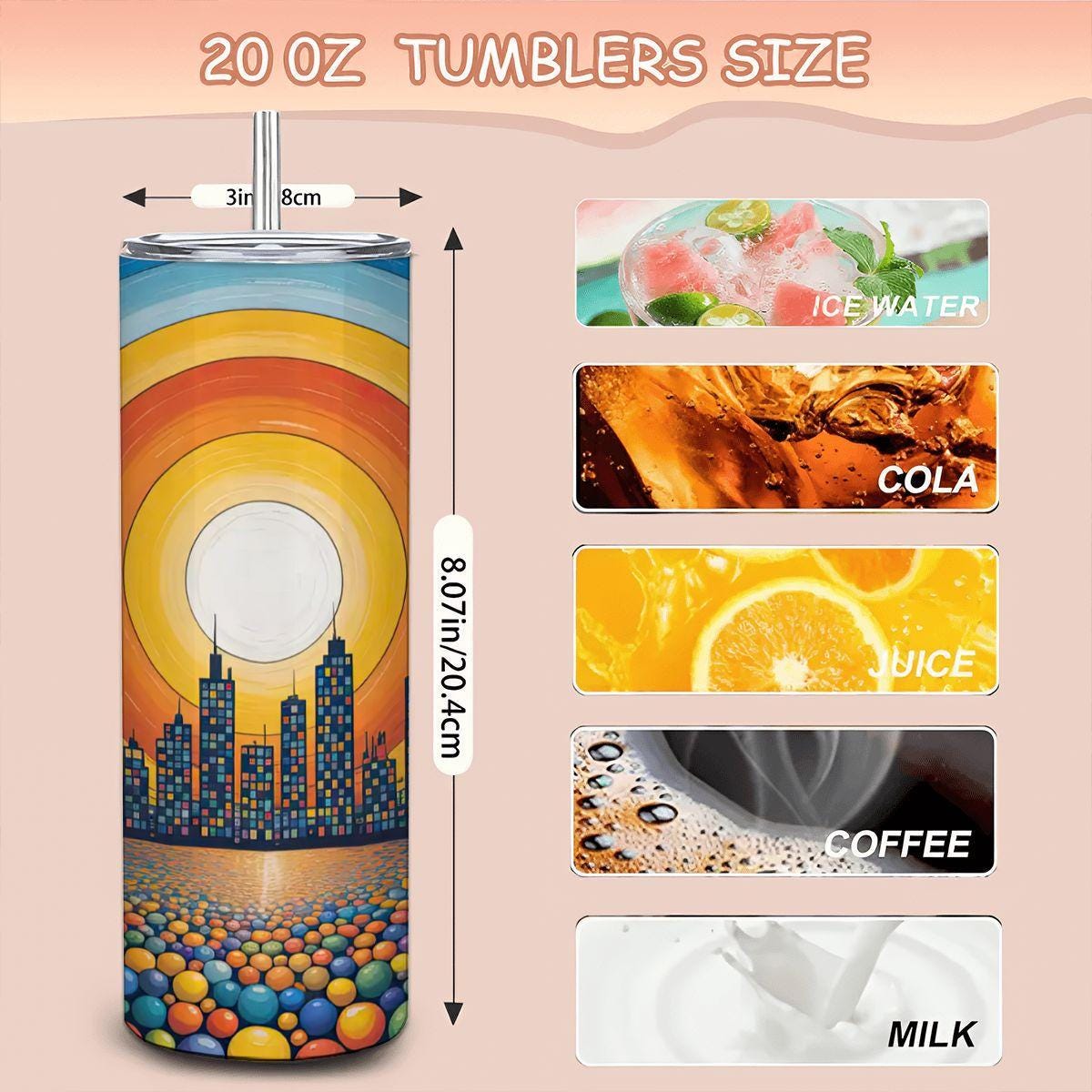 ColorFlow | Radiant City Sunset Tumbler | 20oz Stainless Steel Cup with Straw | Colorful Skyline Art | Modern Travel Mug