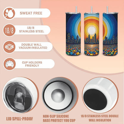 ColorFlow | Radiant City Sunset Tumbler | 20oz Stainless Steel Cup with Straw | Colorful Skyline Art | Modern Travel Mug