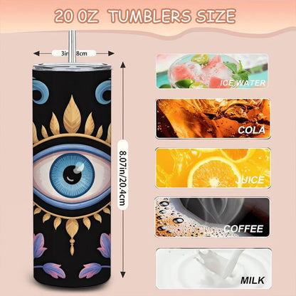 ColorFlow | Mystic Eye Floral Tumbler | 20oz Stainless Steel Cup with Straw | Evil Eye Art Mug | Spiritual Protection Gift