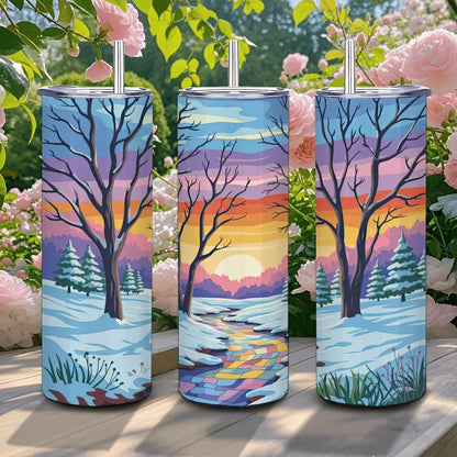 ColorFlow | Winter Sunset Landscape Tumbler | 20oz Stainless Steel Cup with Straw | Snowy Forest Art Mug | Nature Gift