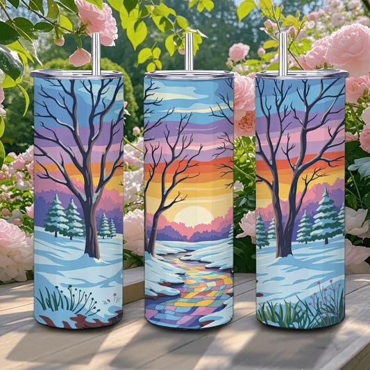 ColorFlow | Winter Sunset Landscape Tumbler | 20oz Stainless Steel Cup with Straw | Snowy Forest Art Mug | Nature Gift