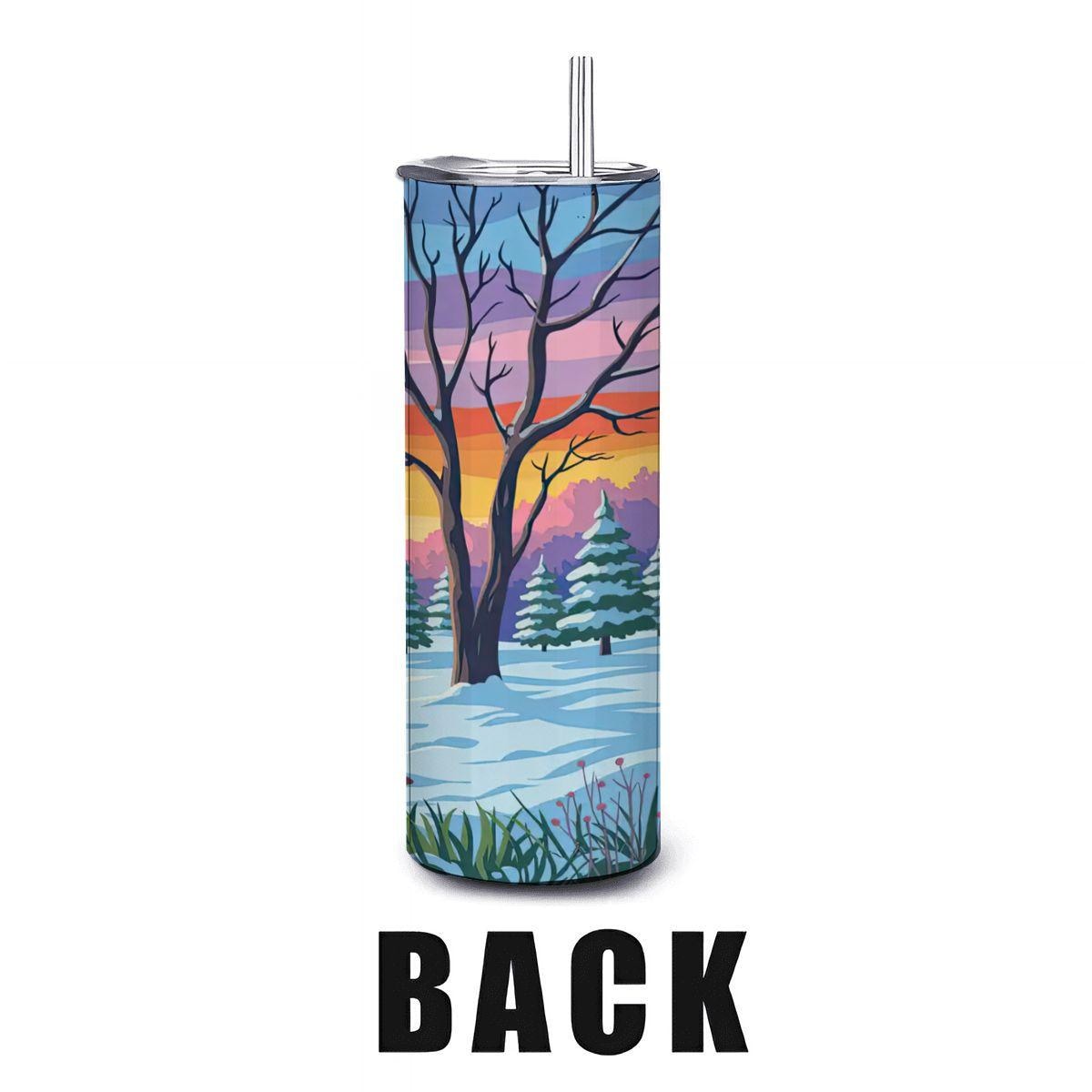 ColorFlow | Winter Sunset Landscape Tumbler | 20oz Stainless Steel Cup with Straw | Snowy Forest Art Mug | Nature Gift