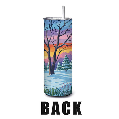 ColorFlow | Winter Sunset Landscape Tumbler | 20oz Stainless Steel Cup with Straw | Snowy Forest Art Mug | Nature Gift