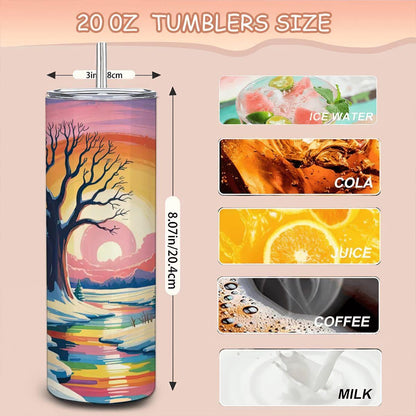 ColorFlow | Radiant Winter Sunset Tumbler | 20oz Stainless Steel Cup with Straw | Snowy Landscape Art | Nature Gift