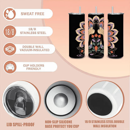 ColorFlow | Floral Lotus Yoga Tumbler | 20oz Stainless Steel Cup with Straw | Mindfulness Art Mug | Meditation Gift