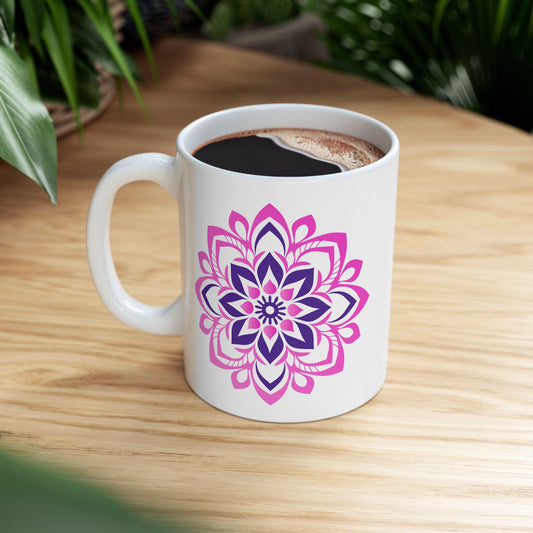 Pink Lotus Mandala Coffee Mug | Feminine Floral Art, 15oz