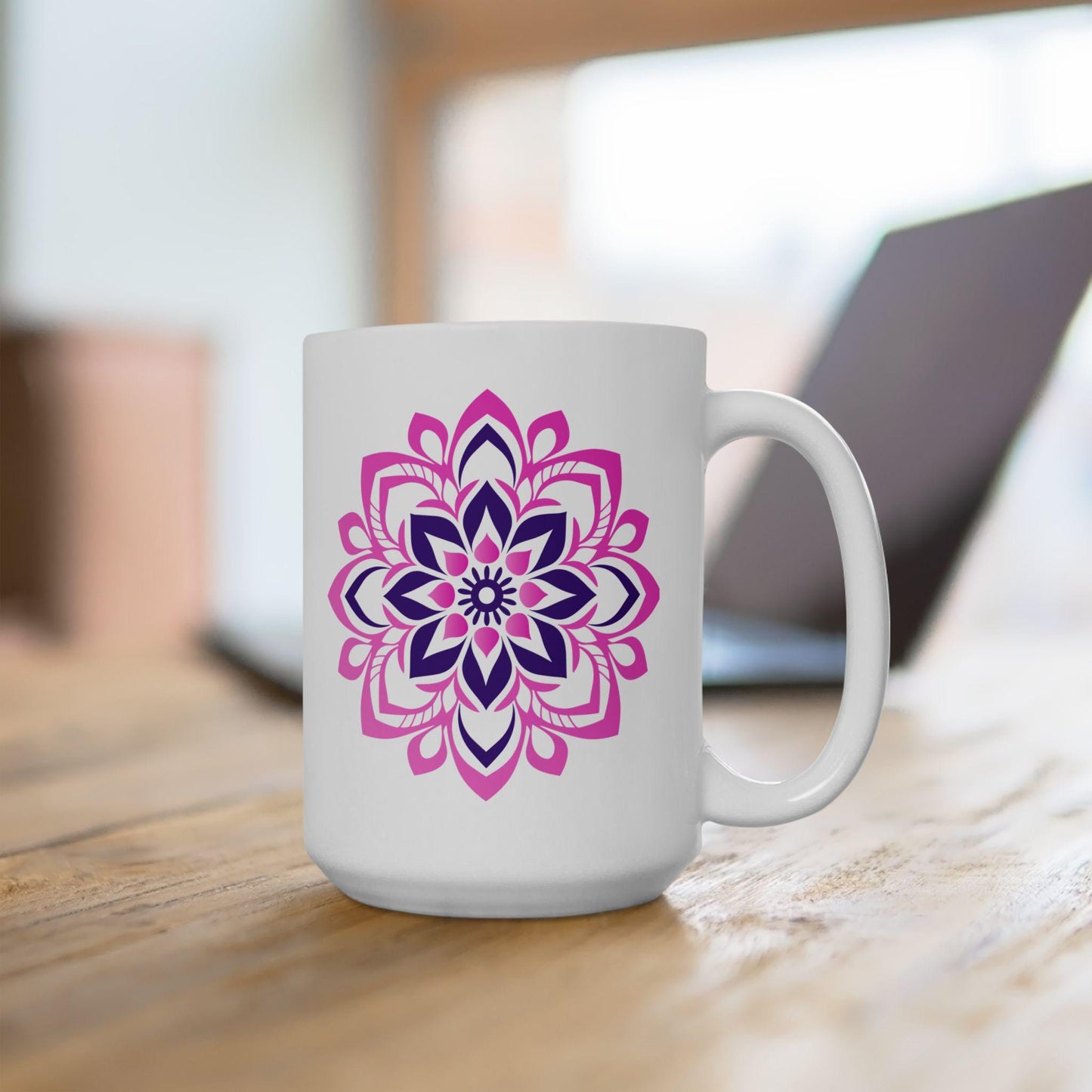 Pink Lotus Mandala Coffee Mug | Feminine Floral Art, 15oz