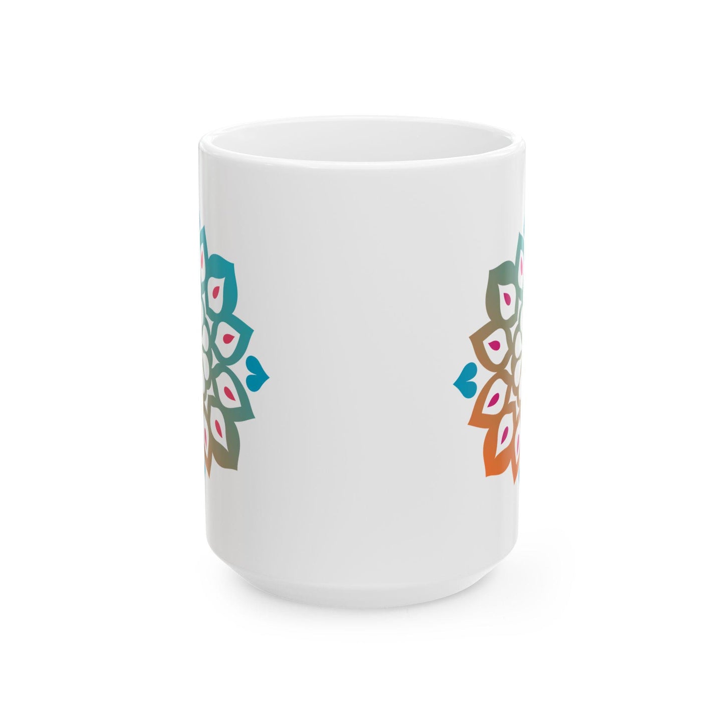 Mandala Art Ceramic Coffee Mug | Tranquil Teal Orange Gradient, 15oz