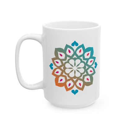 Mandala Art Ceramic Coffee Mug | Tranquil Teal Orange Gradient, 15oz