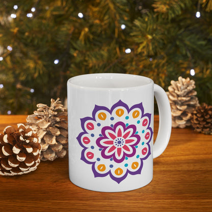 Radiant Bloom Mandala Ceramic Coffee Mug | 15oz Floral Art Cup