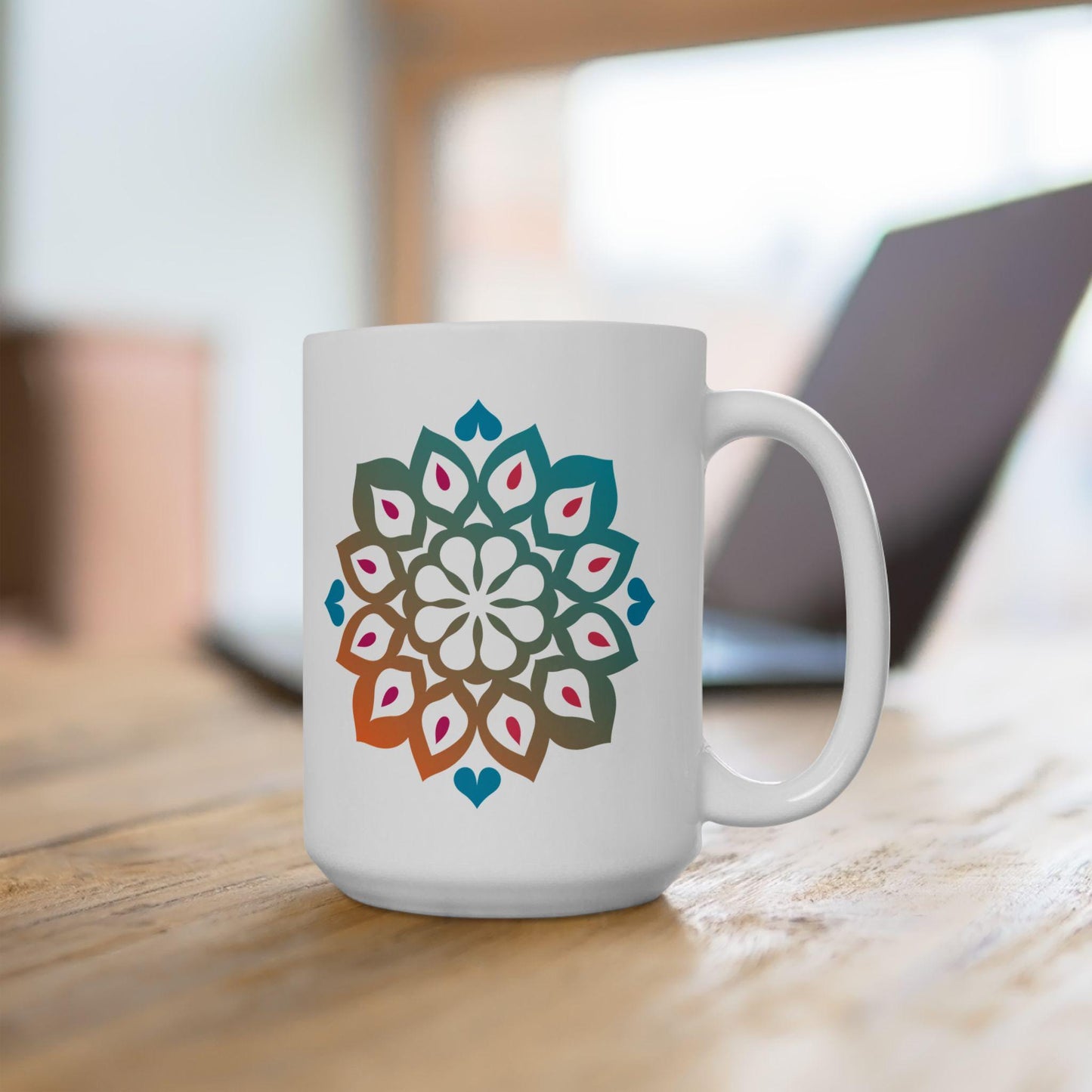 Mandala Art Ceramic Coffee Mug | Tranquil Teal Orange Gradient, 15oz