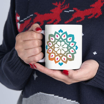 Mandala Art Ceramic Coffee Mug | Tranquil Teal Orange Gradient, 15oz