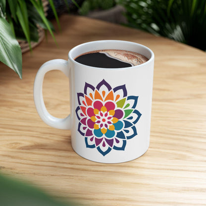 Rainbow Mandala Ceramic Coffee Mug | Vibrant Floral Art, 15oz