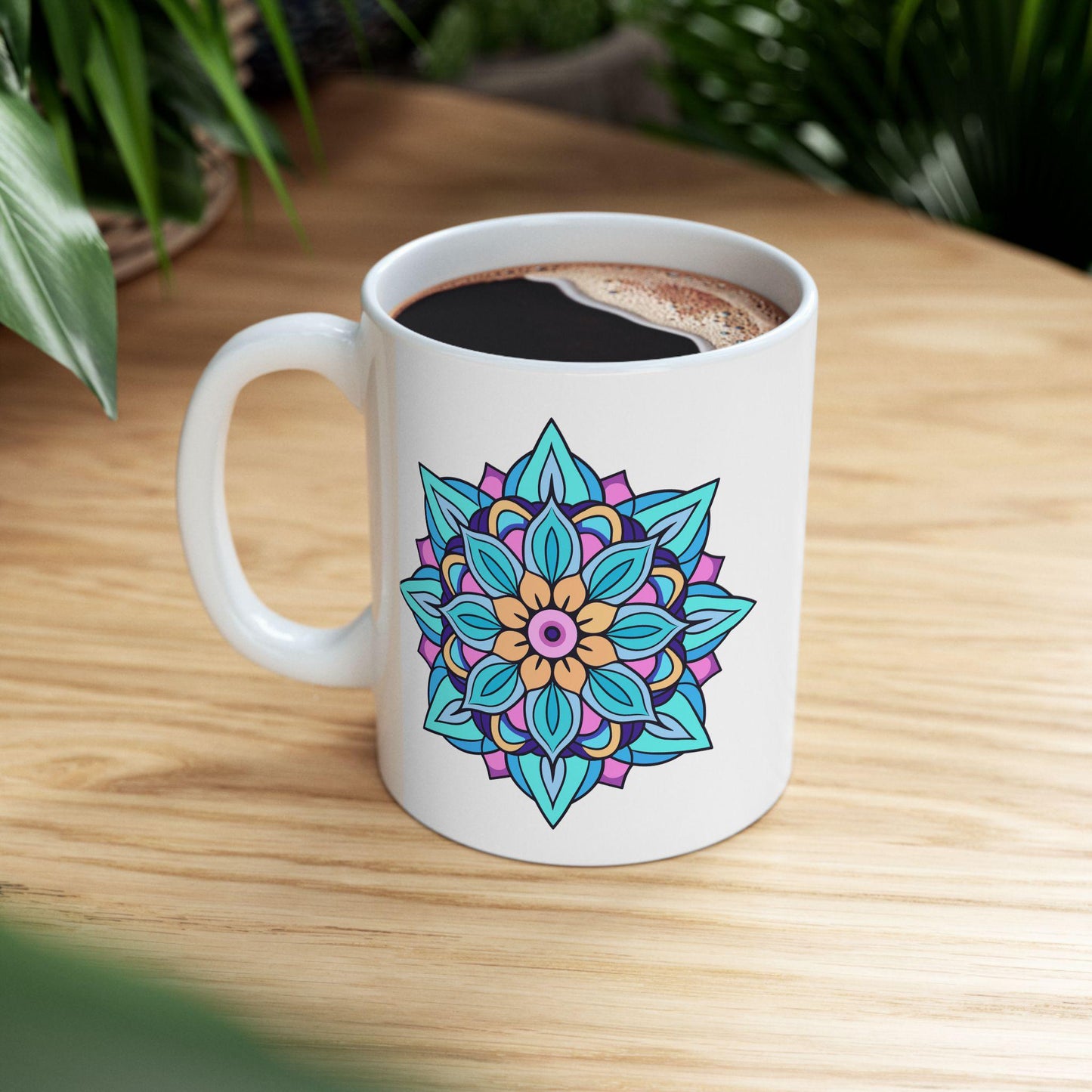 Arctic Bloom Mandala Ceramic Mug | Blue Pink Art, 15oz