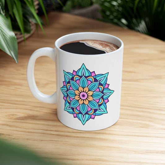 Arctic Bloom Mandala Ceramic Mug | Blue Pink Art, 15oz