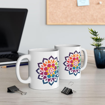 Rainbow Mandala Ceramic Coffee Mug | Vibrant Floral Art, 15oz