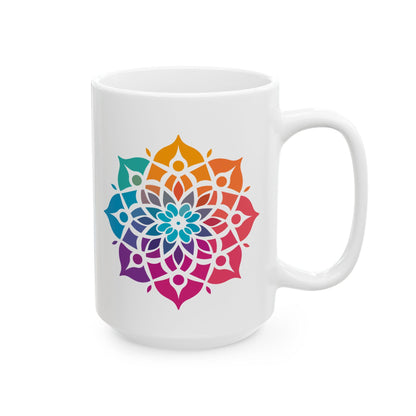Rainbow Mandala Ceramic Mug | Boho Coffee Cup, 15oz