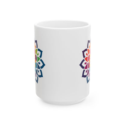 Rainbow Mandala Ceramic Coffee Mug | Vibrant Floral Art, 15oz