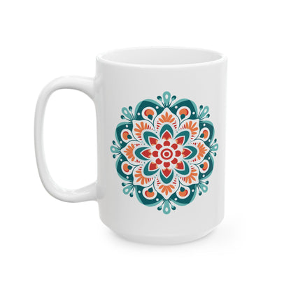 ColorFlow | Boho Sunrise Mandala Ceramic Mug | 15oz Coffee Cup | Teal Orange Art Mug | Unique Gift for Coffee Lovers