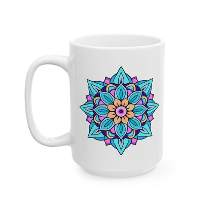 Arctic Bloom Mandala Ceramic Mug | Blue Pink Art, 15oz