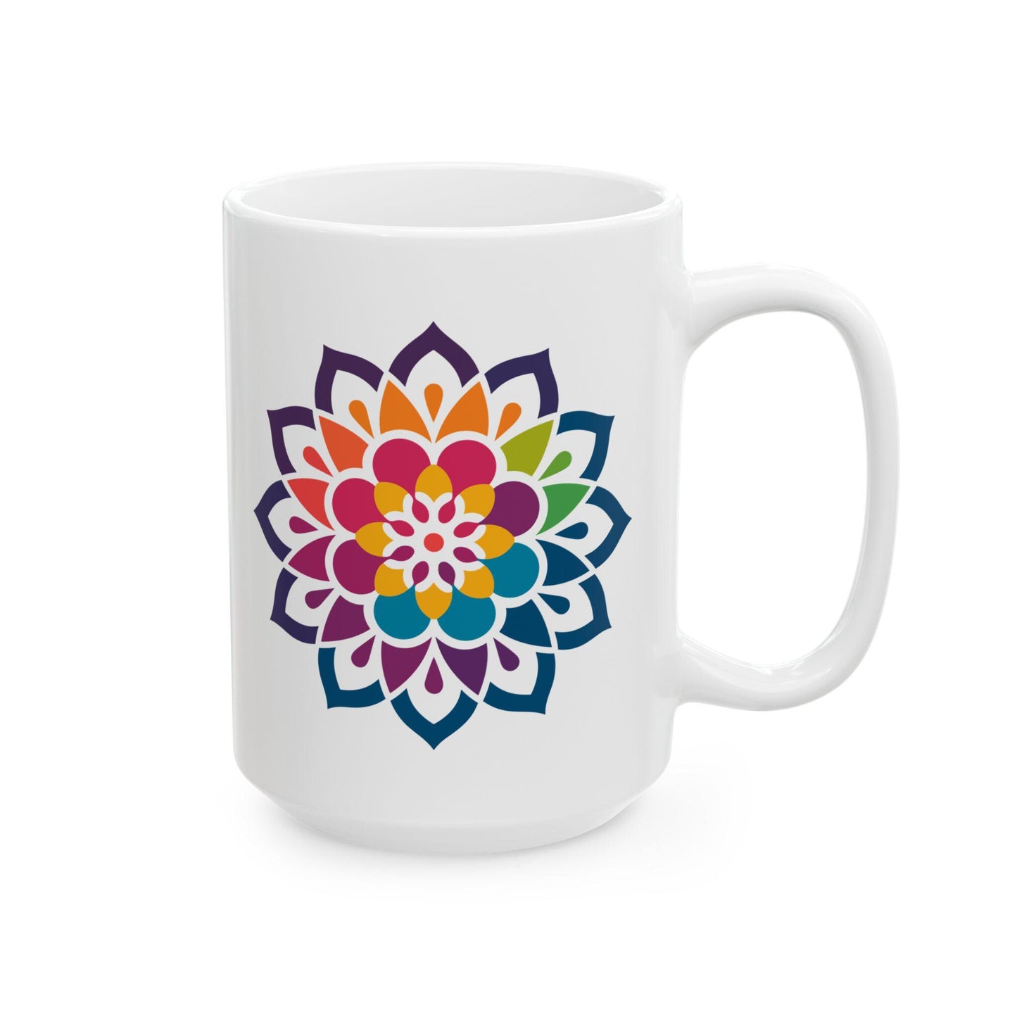 Rainbow Mandala Ceramic Coffee Mug | Vibrant Floral Art, 15oz
