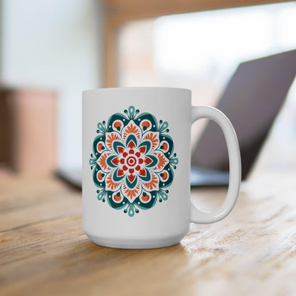ColorFlow | Boho Sunrise Mandala Ceramic Mug | 15oz Coffee Cup | Teal Orange Art Mug | Unique Gift for Coffee Lovers