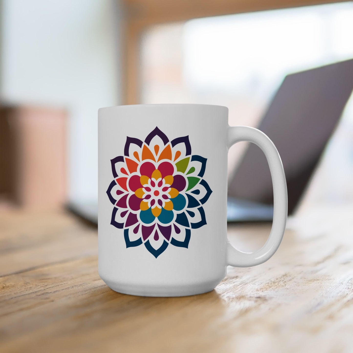 Rainbow Mandala Ceramic Coffee Mug | Vibrant Floral Art, 15oz