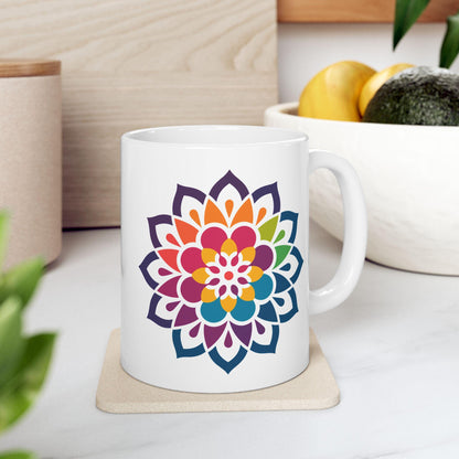 Rainbow Mandala Ceramic Coffee Mug | Vibrant Floral Art, 15oz