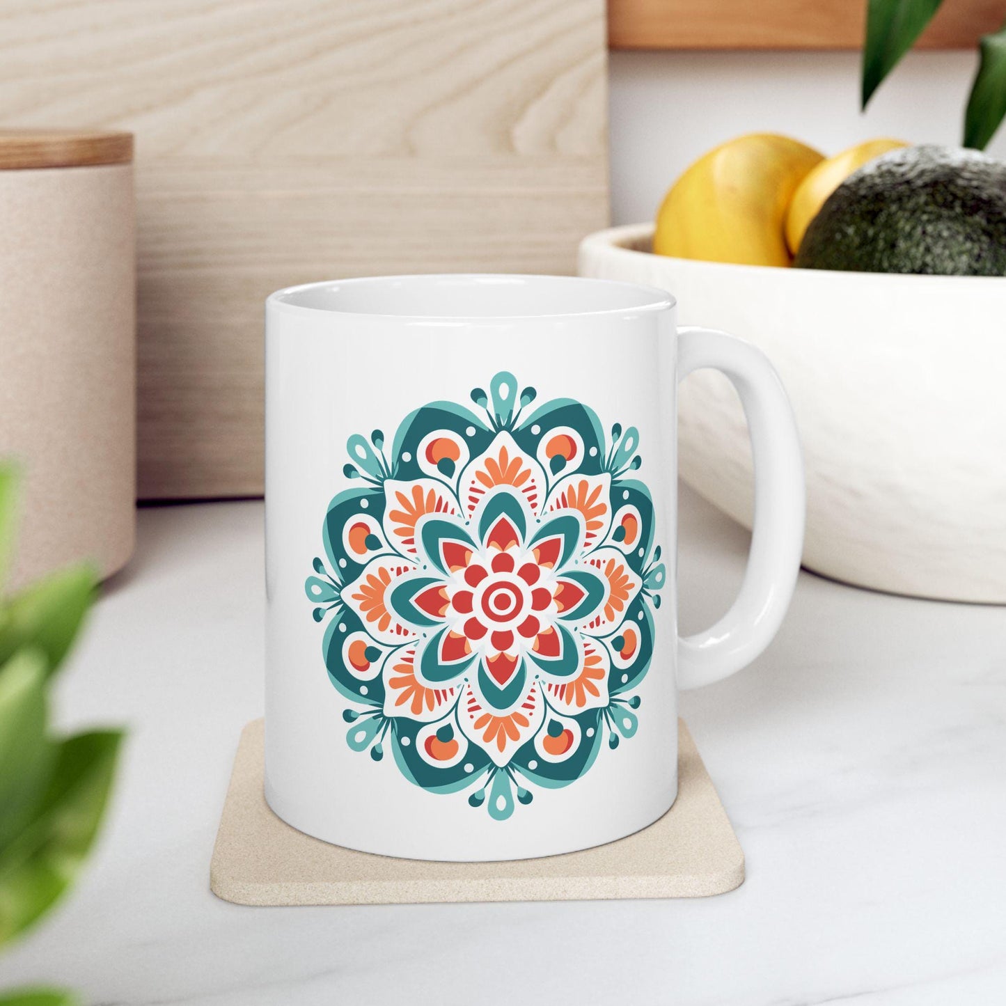 ColorFlow | Boho Sunrise Mandala Ceramic Mug | 15oz Coffee Cup | Teal Orange Art Mug | Unique Gift for Coffee Lovers