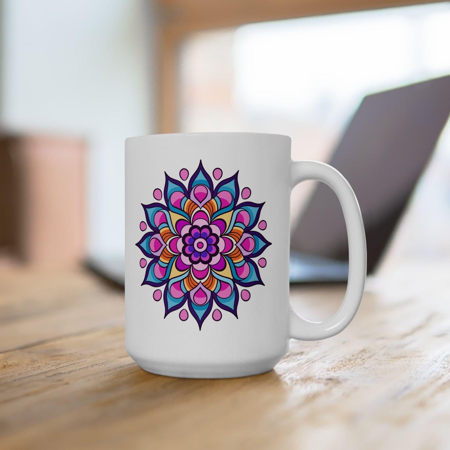 ColorFlow | Celestial Dream Mandala Ceramic Mug | 15oz Coffee Cup | Purple Pink Art Mug | Unique Gift for Coffee Lovers